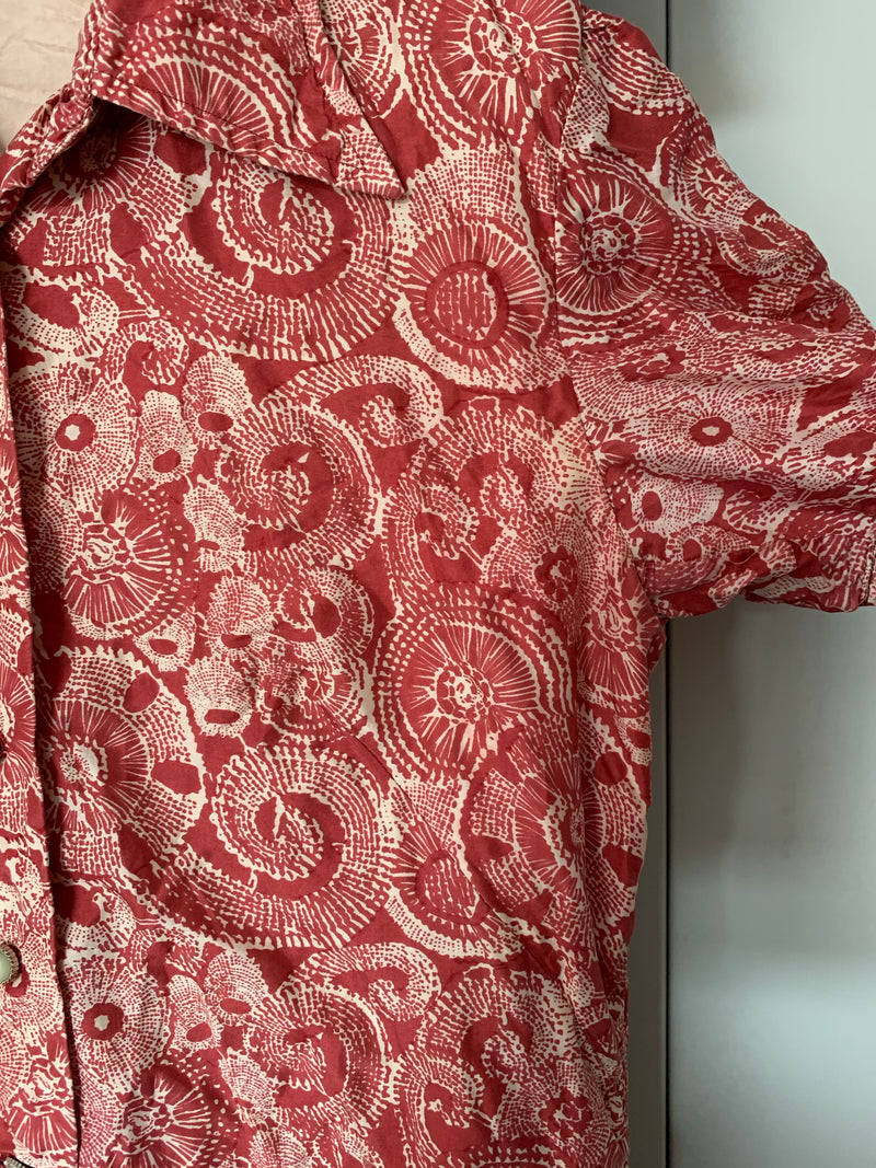 70's Vintage - White & Pink Punch Graphic Print Shirt Midi - Size XS