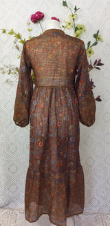 SALE Florence Dress - Sparkly Indian Cotton Smock Dress - Chestnut & Cobalt Floral Paisley - Size XS