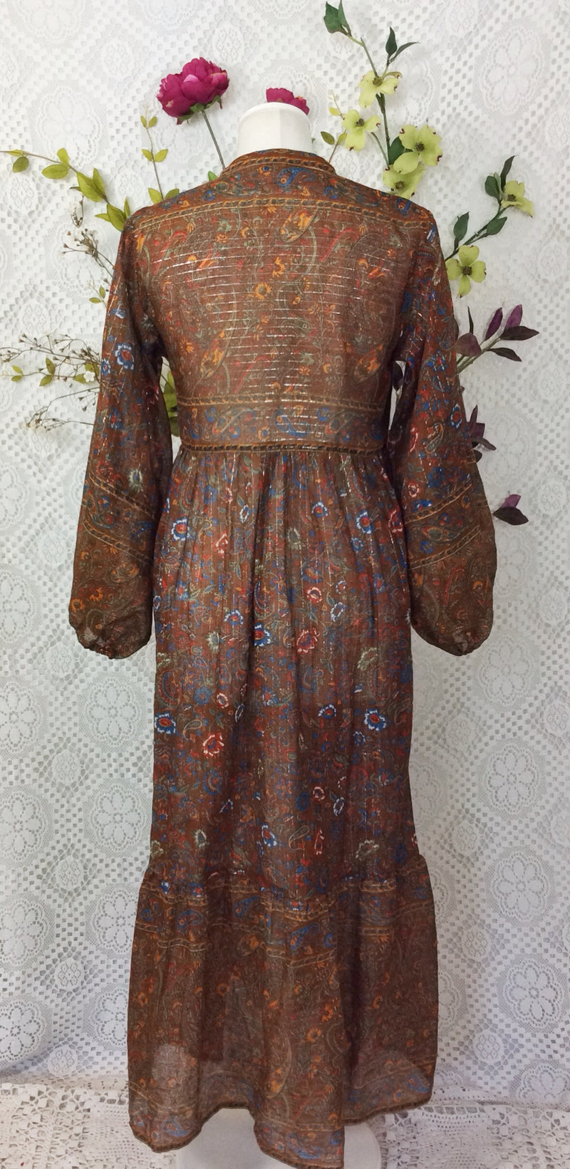 SALE Florence Dress - Sparkly Indian Cotton Smock Dress - Chestnut & Cobalt Floral Paisley - Size XS