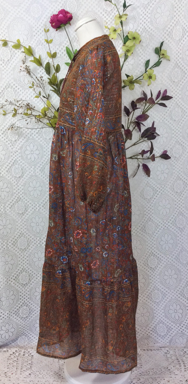 SALE Florence Dress - Sparkly Indian Cotton Smock Dress - Chestnut & Cobalt Floral Paisley - Size XS