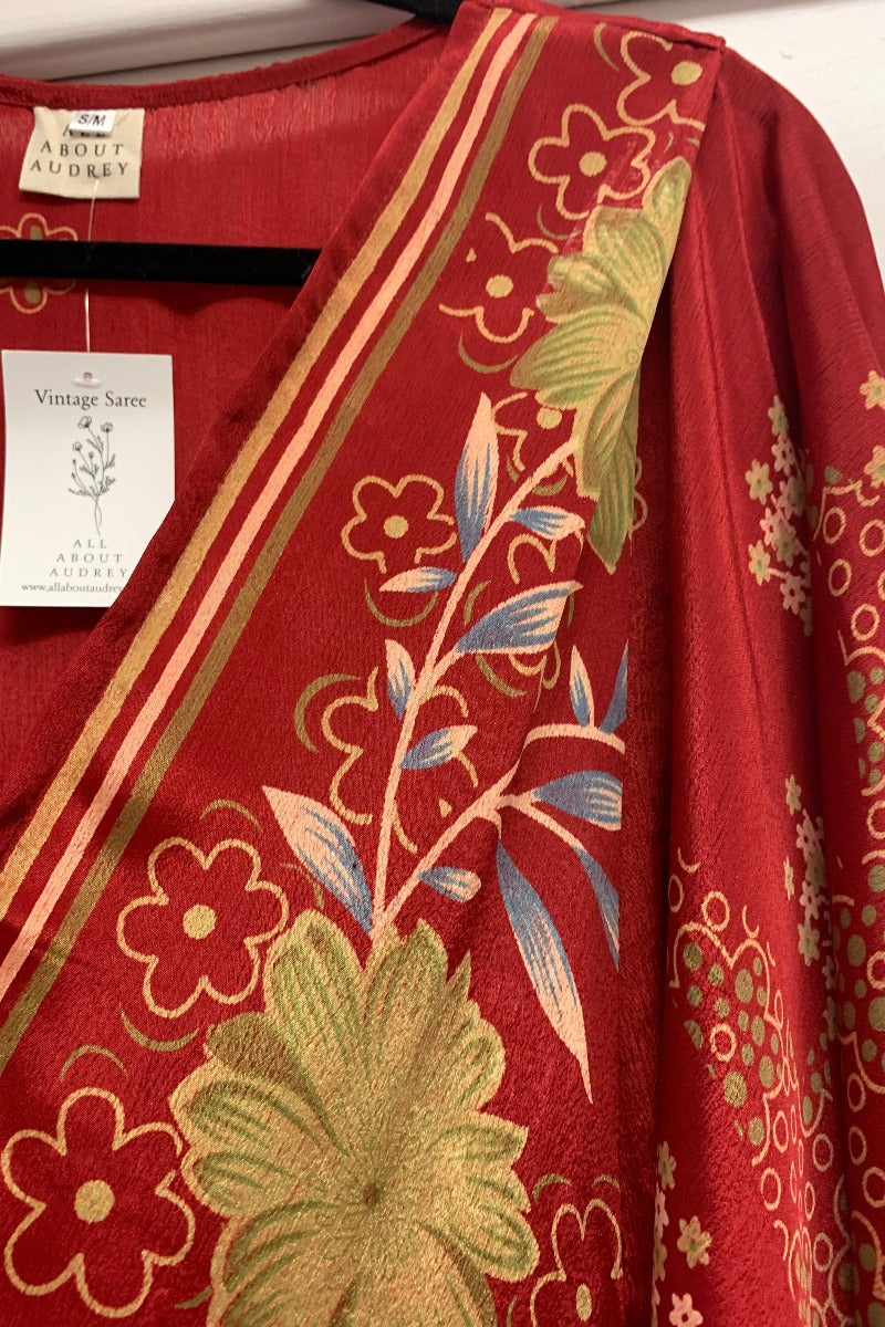 Aquaria Kimono Dress - Vintage Sari - Cherry Red & Lime Floral - Free Size S/M