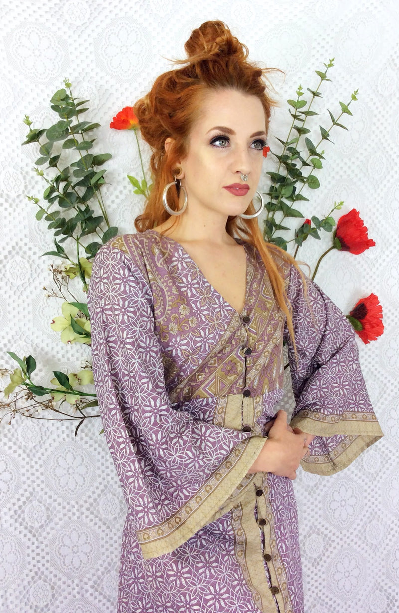 Jasmine Maxi Dress - Lemon & Lavender Flora Nouveau Vintage Sari - Size S/M