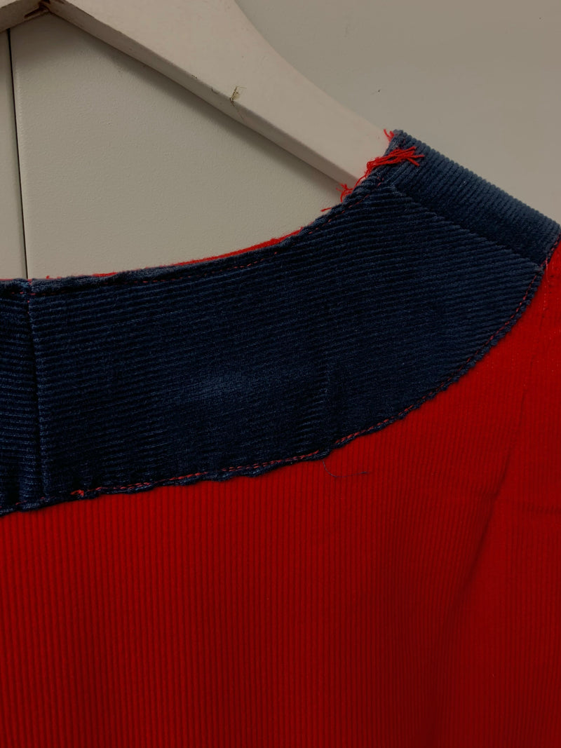 70's Vintage Dress - Corduroy Bright Red W/ Blue Trim Kaftan - Size M/L