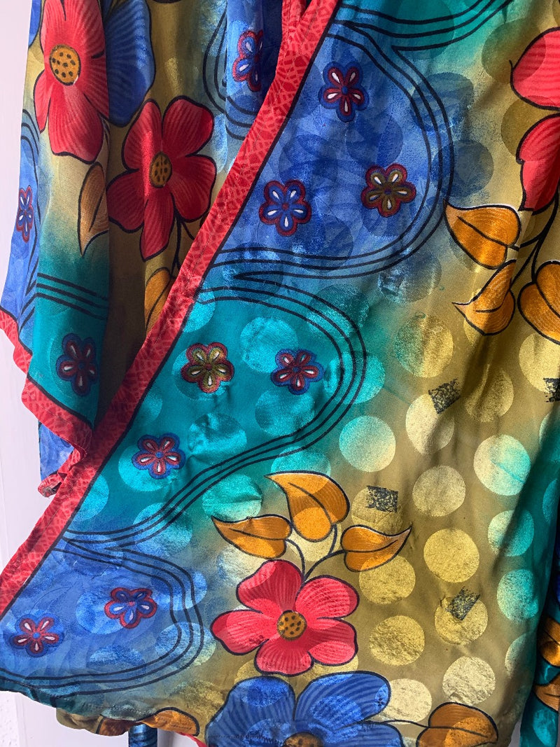 Karina Kimono Mini Dress - Vintage Sari - Vivid Kaleidoscope Floral - Free Size S/M By All About Audrey