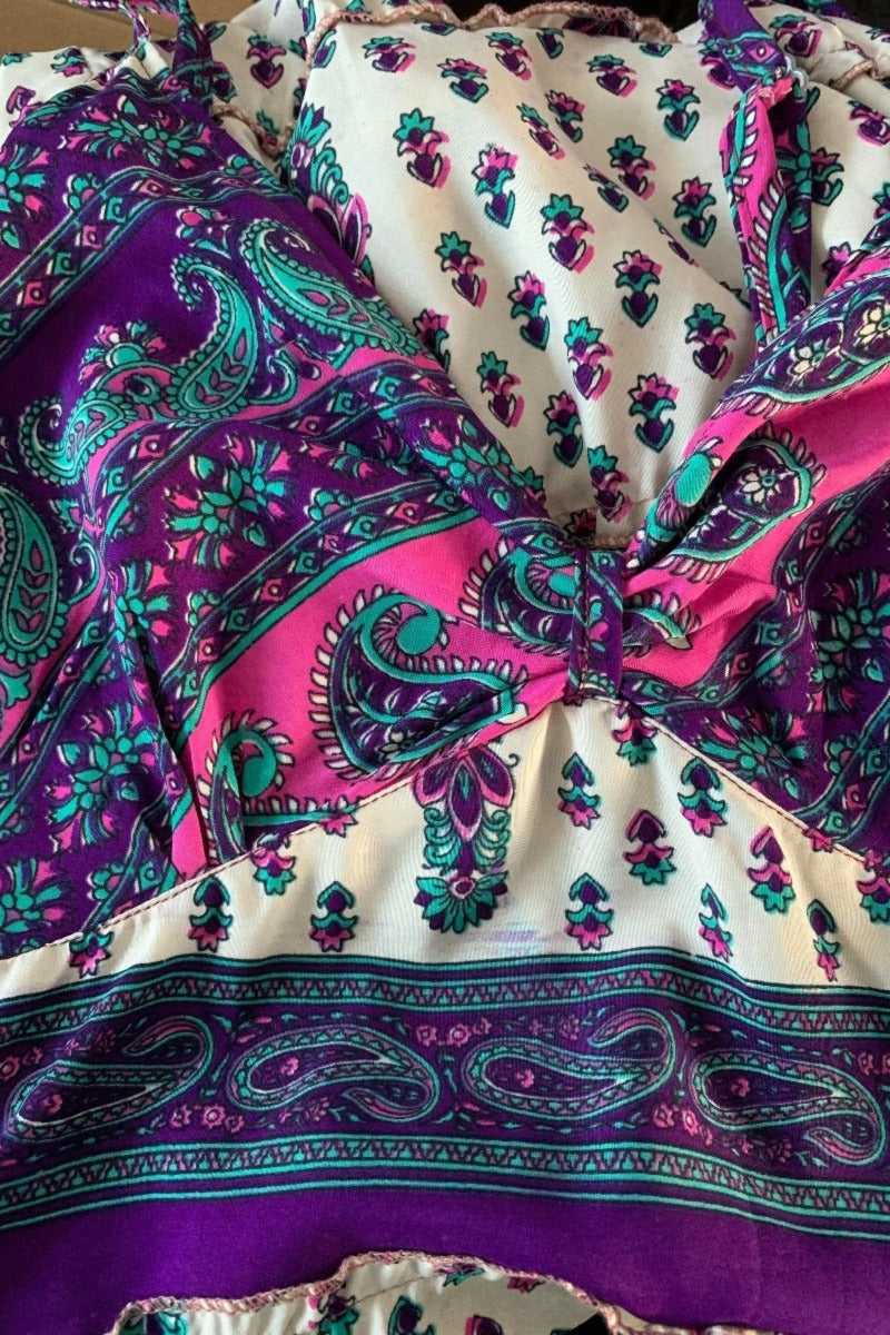 Delilah Maxi Dress - Amethyst & Aqua Motif - Vintage Sari - Free Size S/M