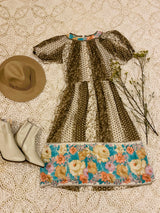 SALE Vintage 70s Boho Dress - Juniper & White Floral Colour Block - XS/S