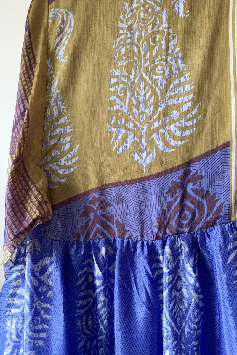 Angelica Maxi Dress - Vintage Sari - Pastel Violet & Olive Stripe - Free Size S/M