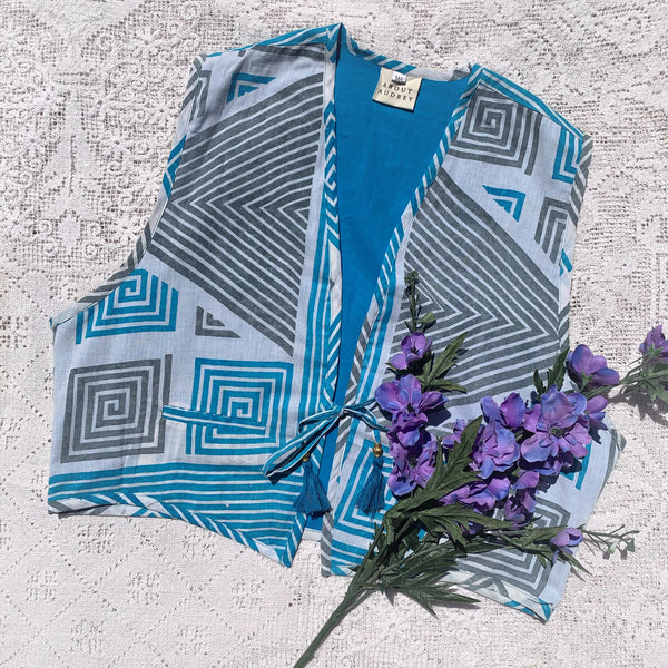 Dixie Waistcoat - Vintage Indian Cotton - Sky Blue, Slate & White Geometric - Size M/L