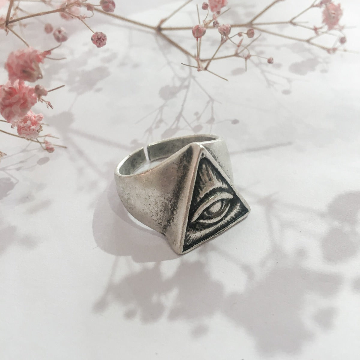 silver plated eye of providence ring with antique effect finish by all about audrey