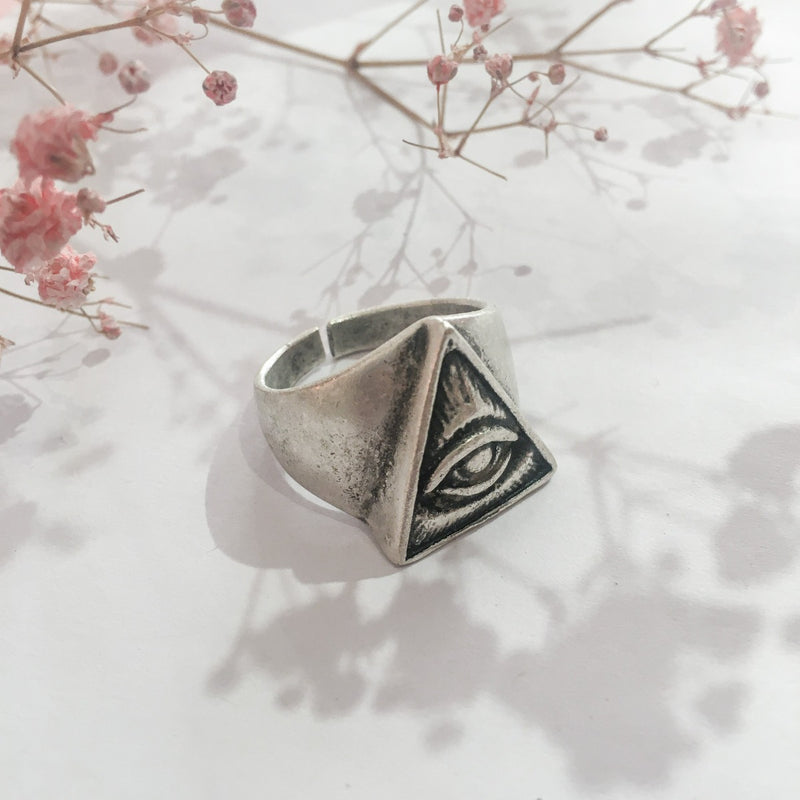 silver plated eye of providence ring with antique effect finish by all about audrey