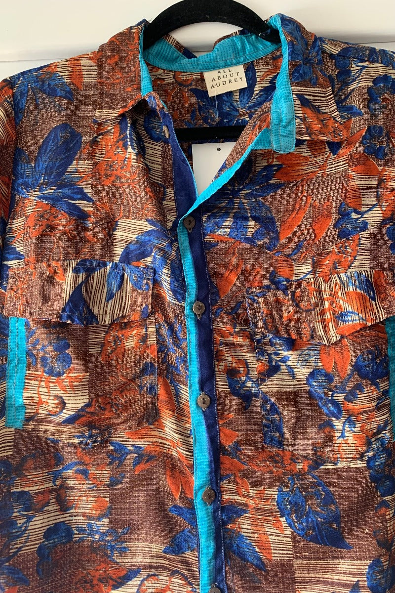 Clyde Shirt - Indigo & Rust Leaves - Vintage Indian Sari - Free Size M/L By All About Audrey
