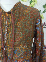 SALE Florence Dress - Sparkly Indian Cotton Smock Dress - Chestnut & Cobalt Floral Paisley - Size XS