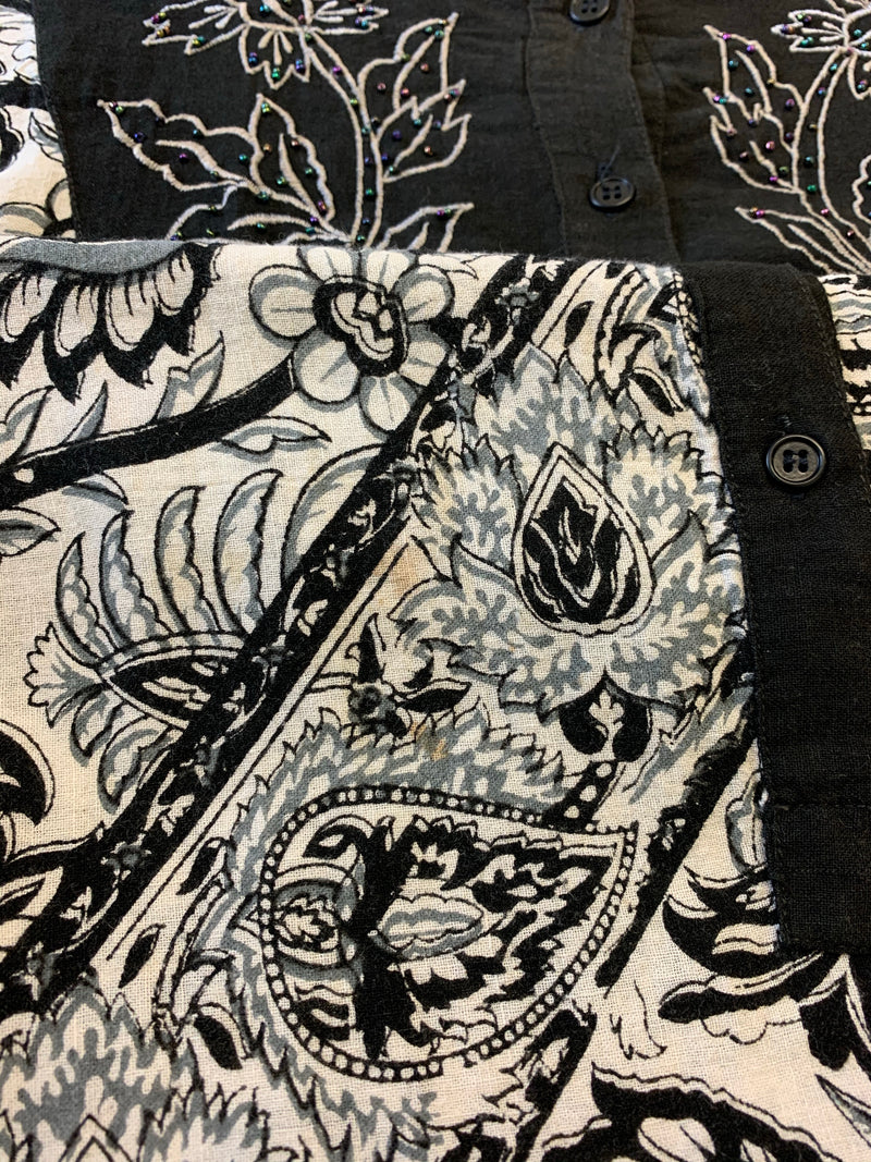 Vintage Indian Cotton Smock Dress - Black & White Embroidered Floral - Free Size S to XXL