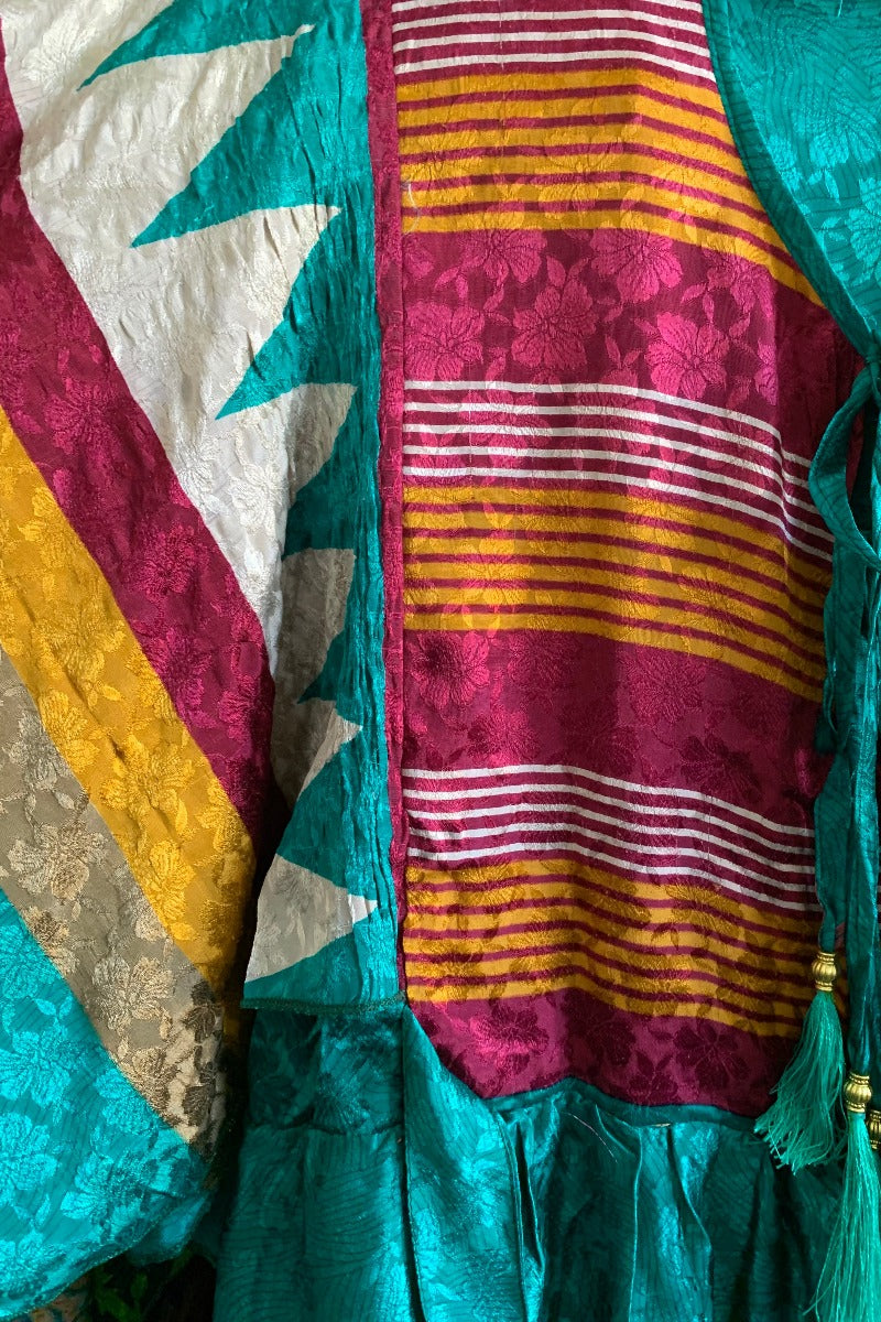 Angelica Maxi Dress - Vintage Sari - Jade & Mulberry Stripes - Free Size L/XL By All About Audrey