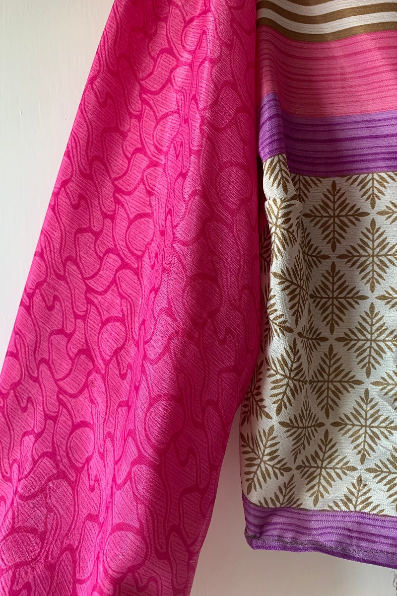 Lola Wrap Top - Candy Pink & Gold Tile - Vintage Sari - Size M/L