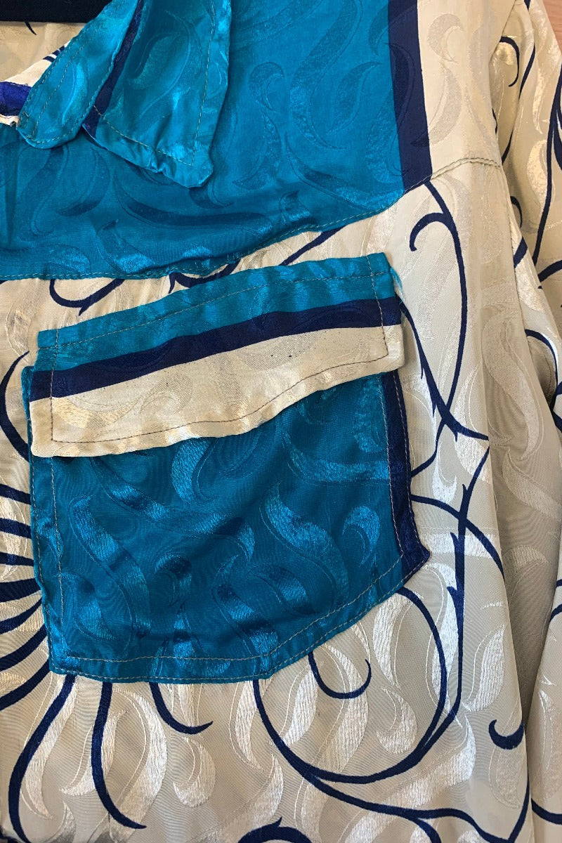 Clyde Shirt - Ivory, Teal & Indigo Shimmer - Vintage Indian Sari - Free Size XXL By All About Audrey