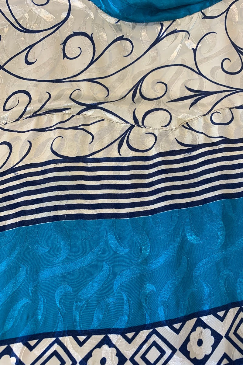 Clyde Shirt - Ivory, Teal & Indigo Shimmer - Vintage Indian Sari - Free Size XXL By All About Audrey