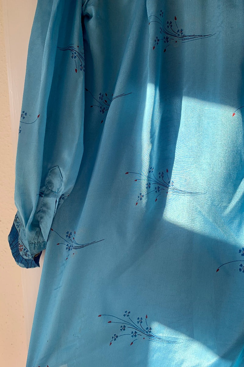 Bonnie Shirt Dress - Fountain Blue Daisies - Vintage Indian Sari - Free Size S/M By All About Audrey