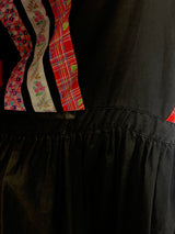 70's Vintage Dress - Black Patchwork Pointed sleeve Midi - Size XS