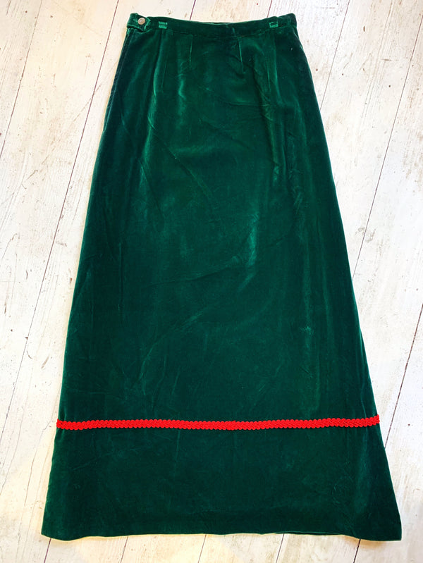Vintage Maxi Skirt - Forrest Green Velvet with Red Embellishments - Size XXS