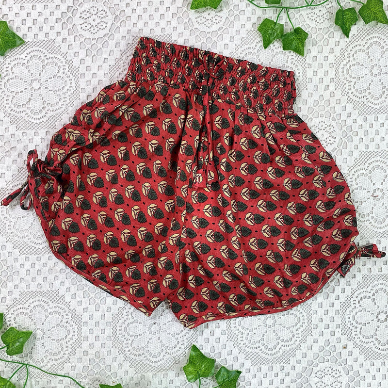 Pippa Shorts - Vintage Indian Sari Shorts -  Soft Red & Grey Floral- Size XS