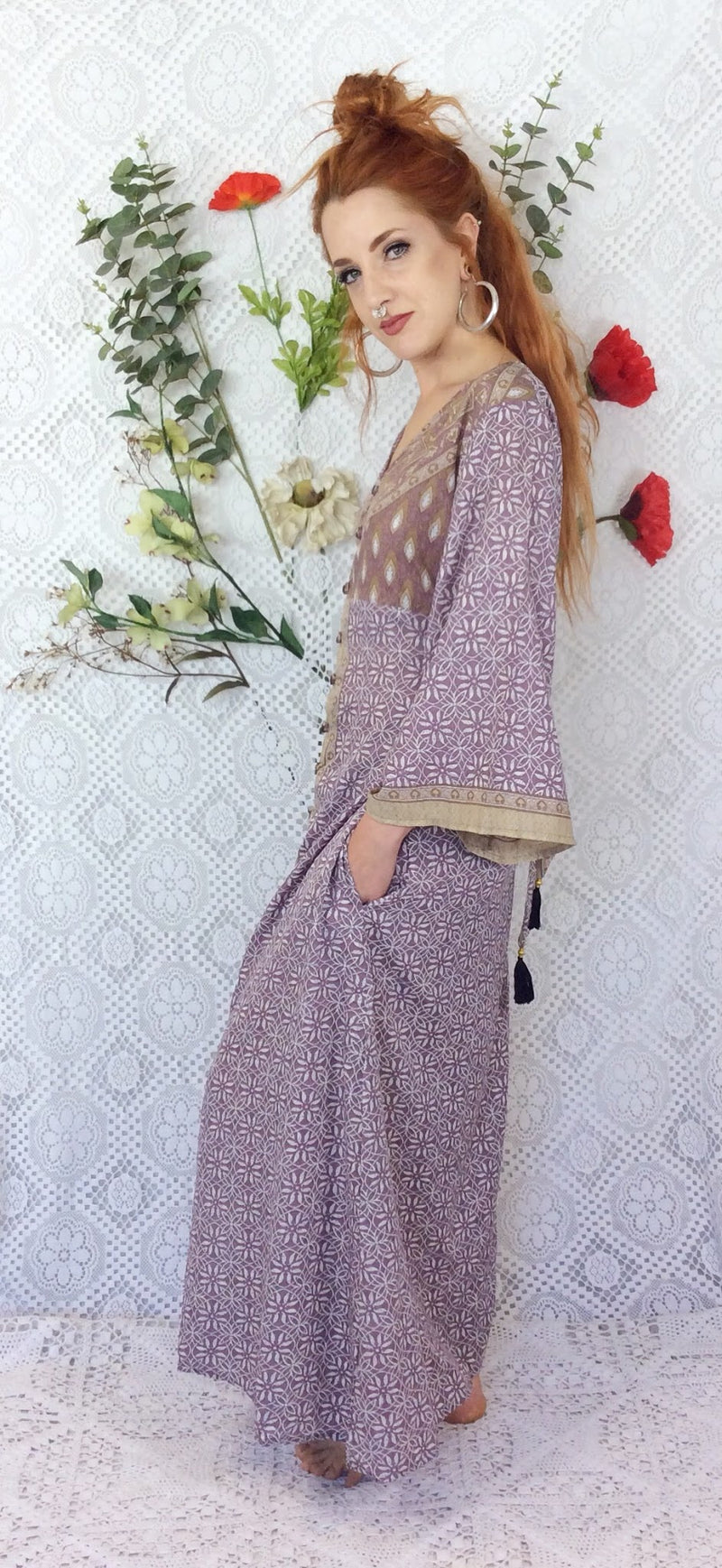 Jasmine Maxi Dress - Forest, Antique Silver & Terracotta Leaf Vintage Sari - Size S/M