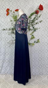 Vintage 70s Navy Sparkly Floral Top Maxi Dress - Size - S/M