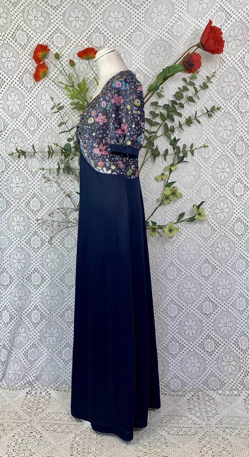Vintage 70s Navy Sparkly Floral Top Maxi Dress - Size - S/M
