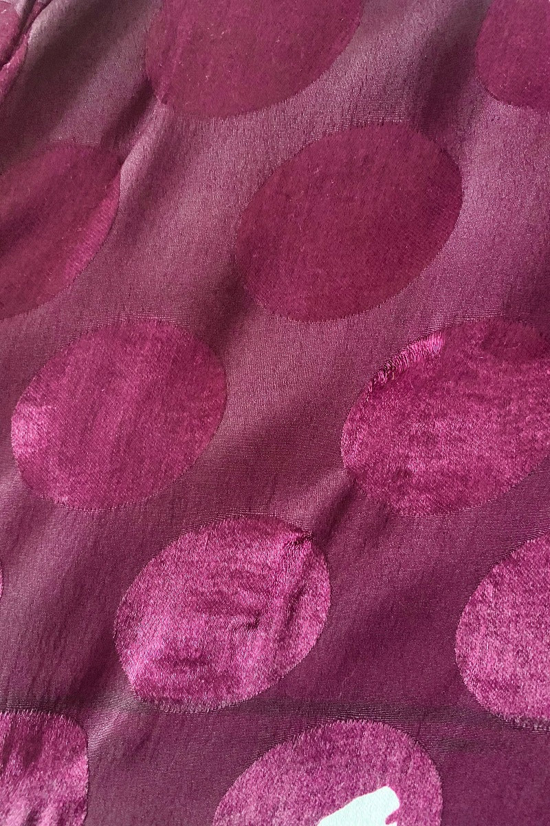 Close up of minor fault of Karina Kimono Mini Dress - Vintage Sari - Vampy Berry Shimmer - Free Size S By All About Audrey