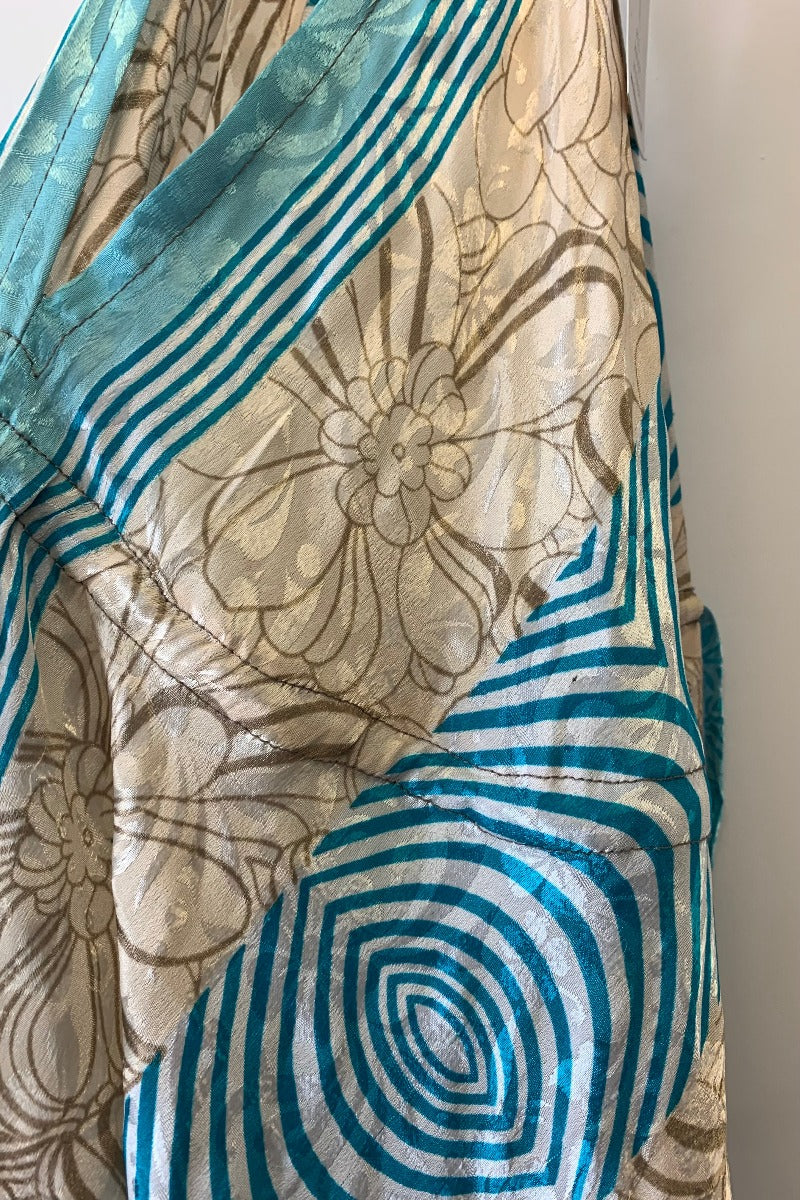 Eden Halter Maxi Dress - Vintage Sari - Baby Blue & Beige Stripe Floral - Free Size M/L By All About Audrey
