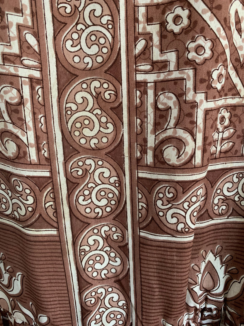 Pansy Mini Dress - Indian Sari - Circular Flounce Sleeve - Rose Taupe Tile Print - Free Size M/L