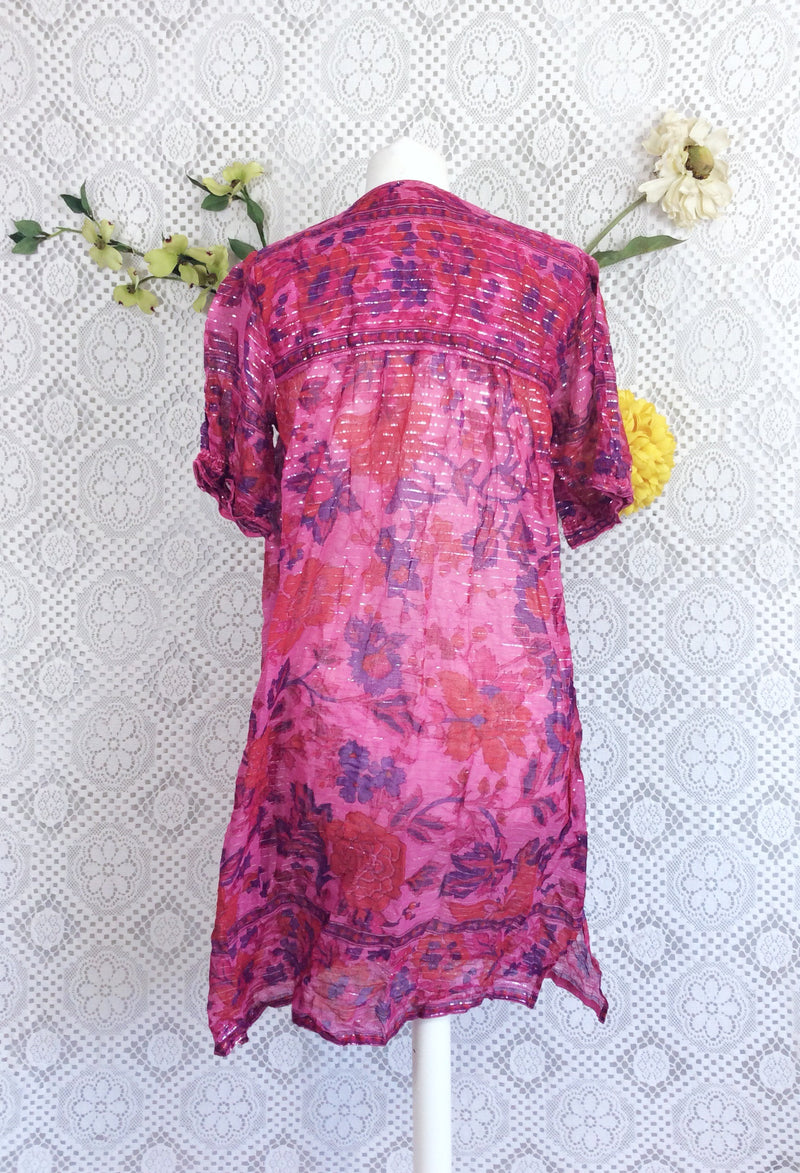 SALE Vintage Sparkly Pink/Purple/Red Floral Smock Dress Size S