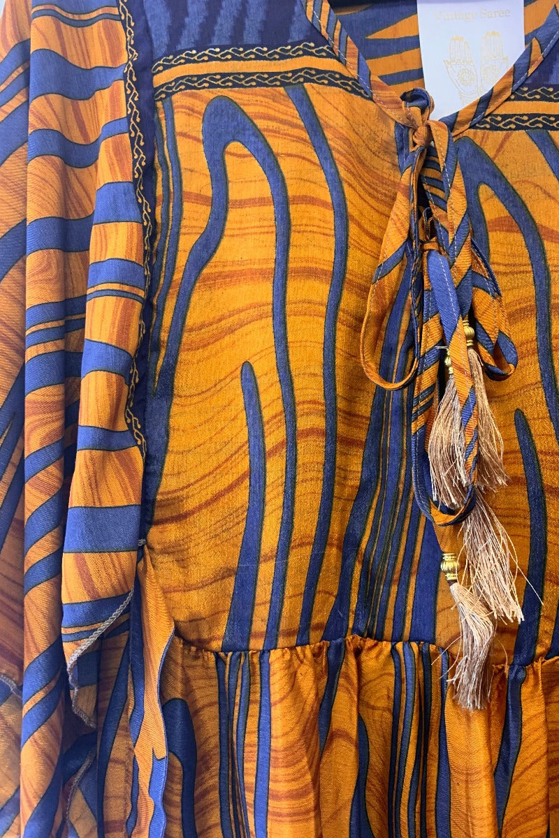 Angelica Maxi Dress - Vintage Sari - Amber & Blue Waves - Free Size M/L