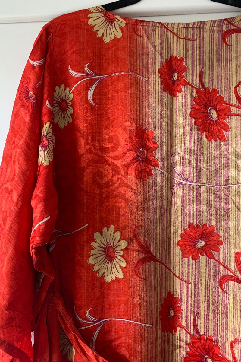 Aquaria Kimono Dress - Vintage Sari - Purple & Scarlett Retro Floral - Free Size S/M By All About Audrey