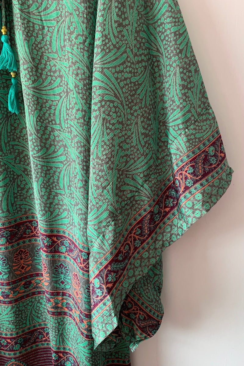 Cassandra Maxi Kaftan - Jade, Coral & Mauve Tile Print - Vintage Sari - Size S/M By All About Audrey