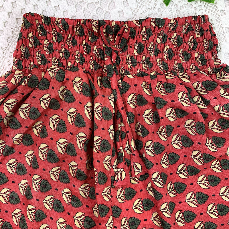 Pippa Shorts - Vintage Indian Sari Shorts -  Soft Red & Grey Floral- Size XS