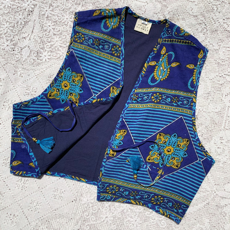 Dixie Waistcoat - Vintage Indian Cotton - Azure, Turquoise & Gold Tile Paisley - Size M/L