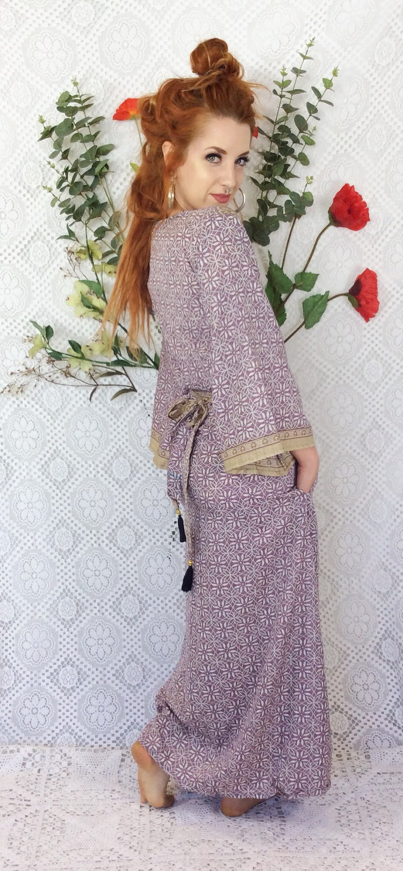 Jasmine Maxi Dress - Mauve Shimmer Floral Vintage Sari - Size S/M