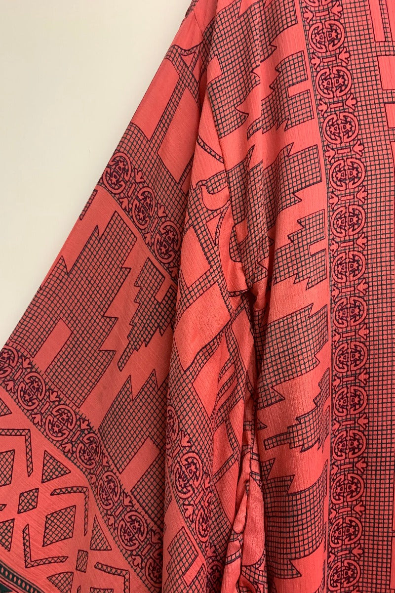 Cassandra Maxi Kaftan - Vivid Coral Swirls  - Vintage Sari - Size S/M By All About Audrey