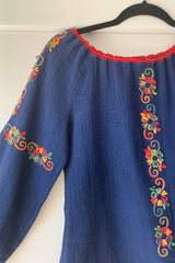 Vintage Folky Indigo Floral Embroidered Blouse - Size S By All About Audrey