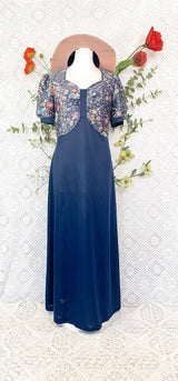 Vintage 70s Navy Sparkly Floral Top Maxi Dress - Size - S/M