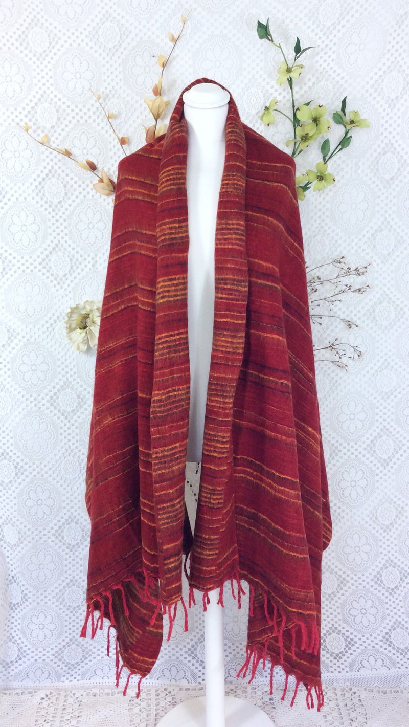 Garnet & Black & Yellow Reversible Stripe Indian Shawl/Blanket