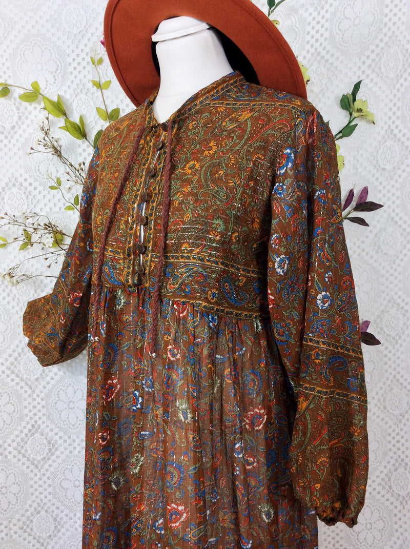 SALE Florence Dress - Sparkly Indian Cotton Smock Dress - Chestnut & Cobalt Floral Paisley - Size XS