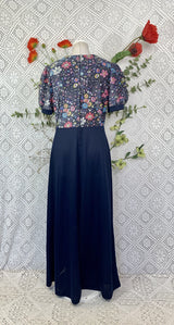 Vintage 70s Navy Sparkly Floral Top Maxi Dress - Size - S/M