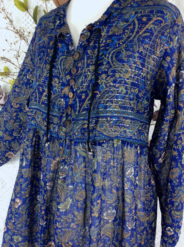 SALE Florence Dress - Sparkly Indian Cotton Smock Dress - Midnight Blue & Sage - Size XS