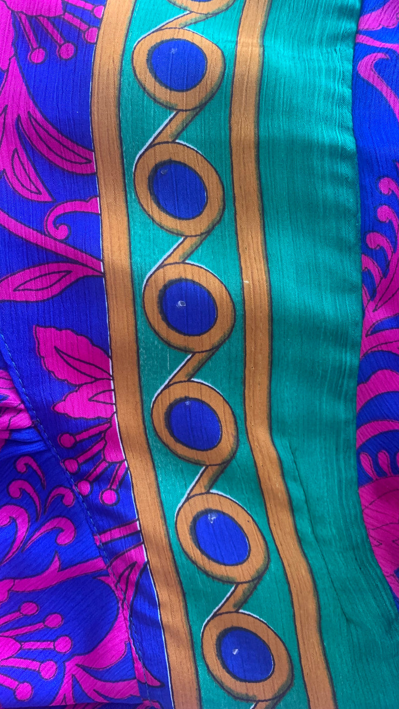 Sydney Mini Halter Dress - Sapphire & Fuchsia Floral Paisley - Vintage Sari - XXS