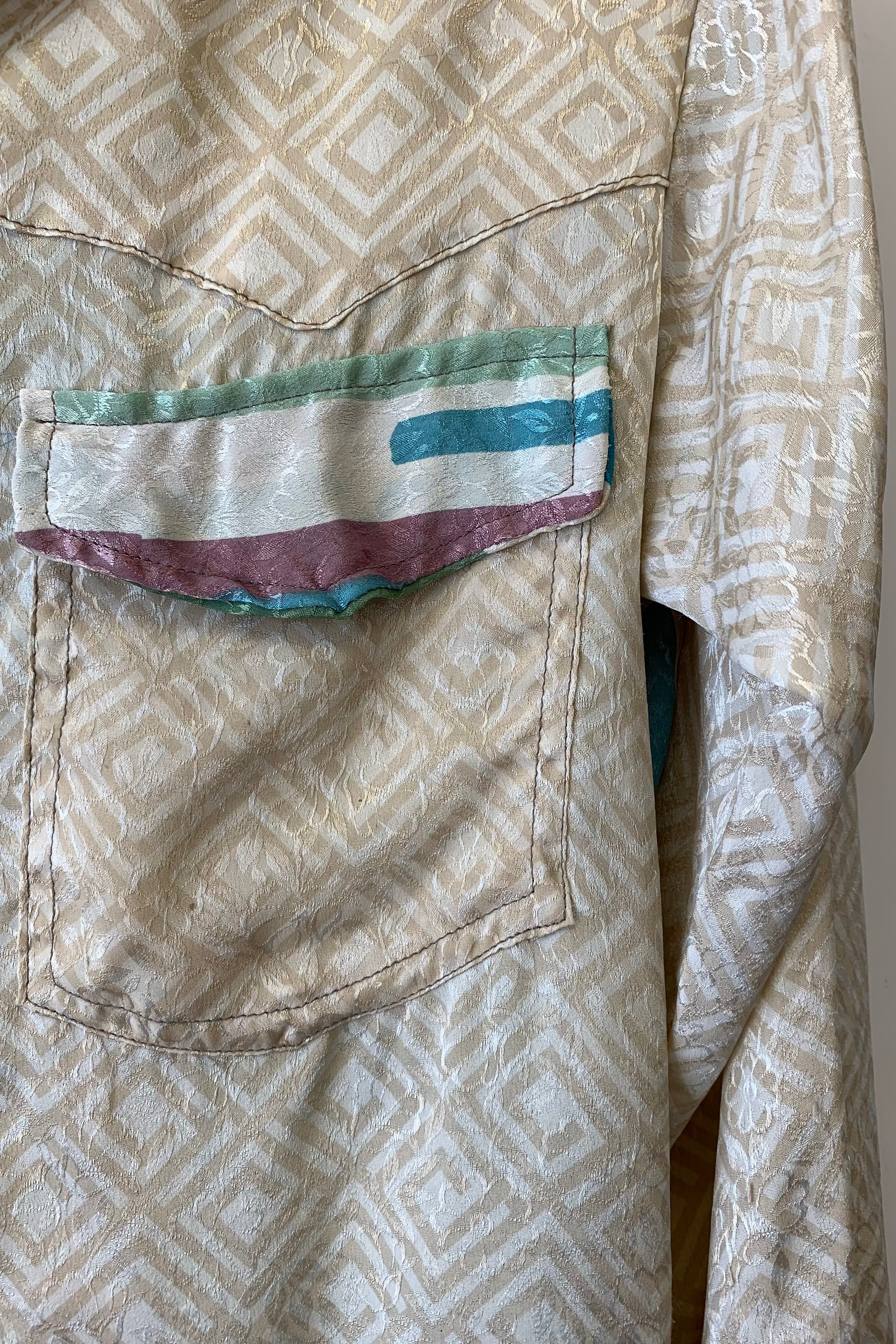 Clyde Shirt - Barley Peach & Sage Brushstroke Floral - Vintage Indian Sari - S/M