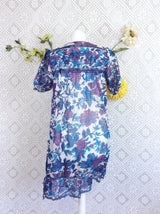 SALE Vintage Sparkly Ivory Mauve & Turquoise Floral Smock Dress Size S