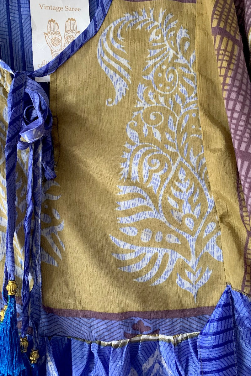 Angelica Maxi Dress - Vintage Sari - Pastel Violet & Olive Stripe - Free Size S/M