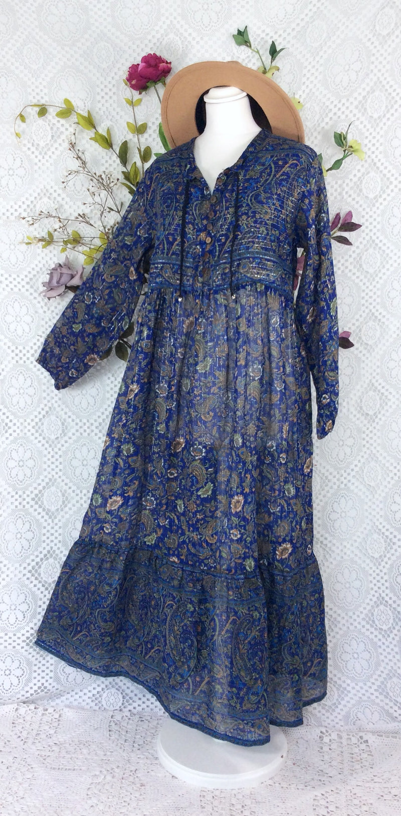 SALE Florence Dress - Sparkly Indian Cotton Smock Dress - Midnight Blue & Sage - Size XS